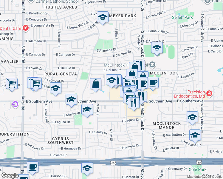 map of restaurants, bars, coffee shops, grocery stores, and more near 1538 East Southern Avenue in Tempe