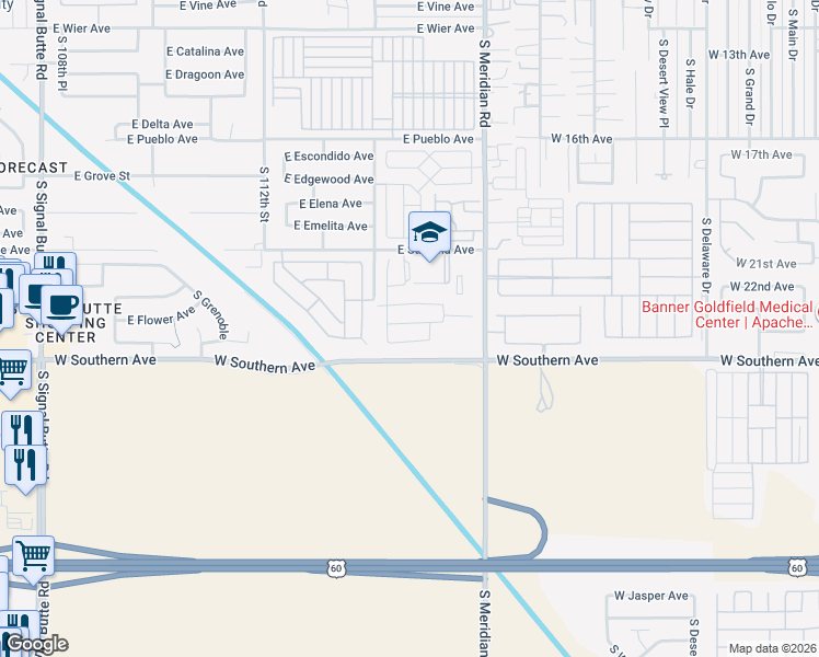 map of restaurants, bars, coffee shops, grocery stores, and more near 11443 East Flower Avenue in Mesa