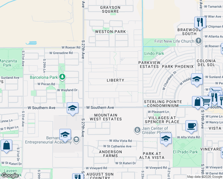 map of restaurants, bars, coffee shops, grocery stores, and more near 2531 West Pecan Road in Phoenix
