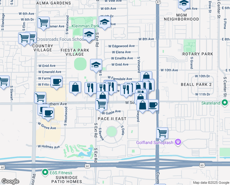map of restaurants, bars, coffee shops, grocery stores, and more near 657 West Flower Avenue in Mesa