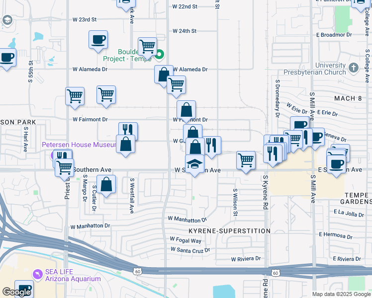 map of restaurants, bars, coffee shops, grocery stores, and more near 815 West Geneva Drive in Tempe