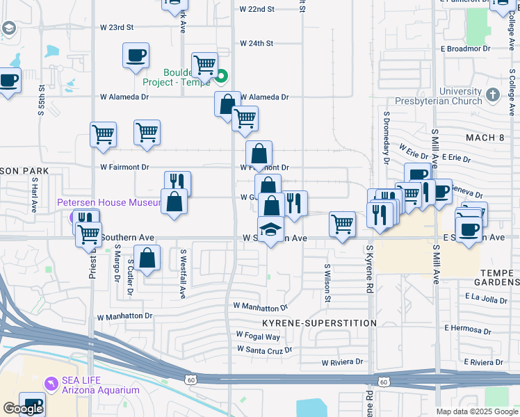 map of restaurants, bars, coffee shops, grocery stores, and more near 815 West Geneva Drive in Tempe