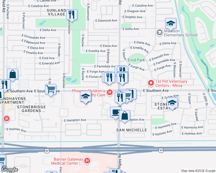map of restaurants, bars, coffee shops, grocery stores, and more near 5110 East Southern Avenue in Mesa