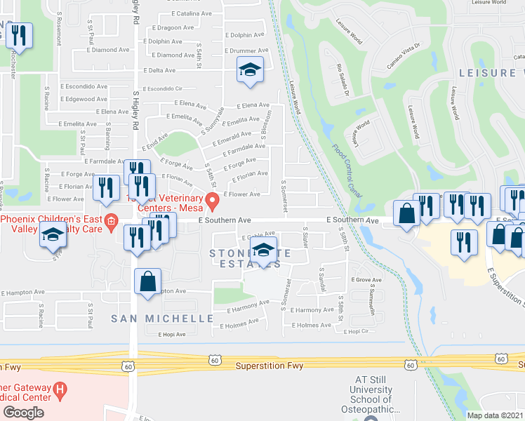 map of restaurants, bars, coffee shops, grocery stores, and more near 5510 East Southern Avenue in Mesa