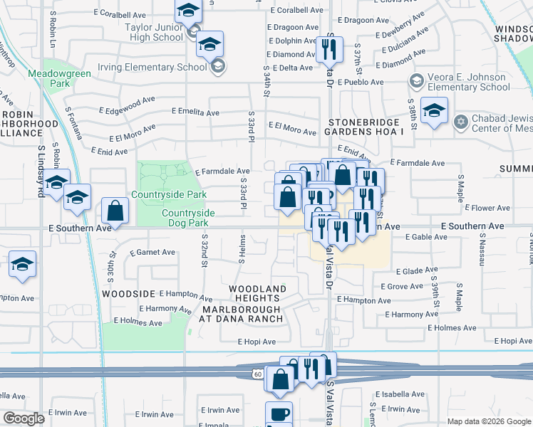 map of restaurants, bars, coffee shops, grocery stores, and more near 1212 East Val Vista Greens in Mesa