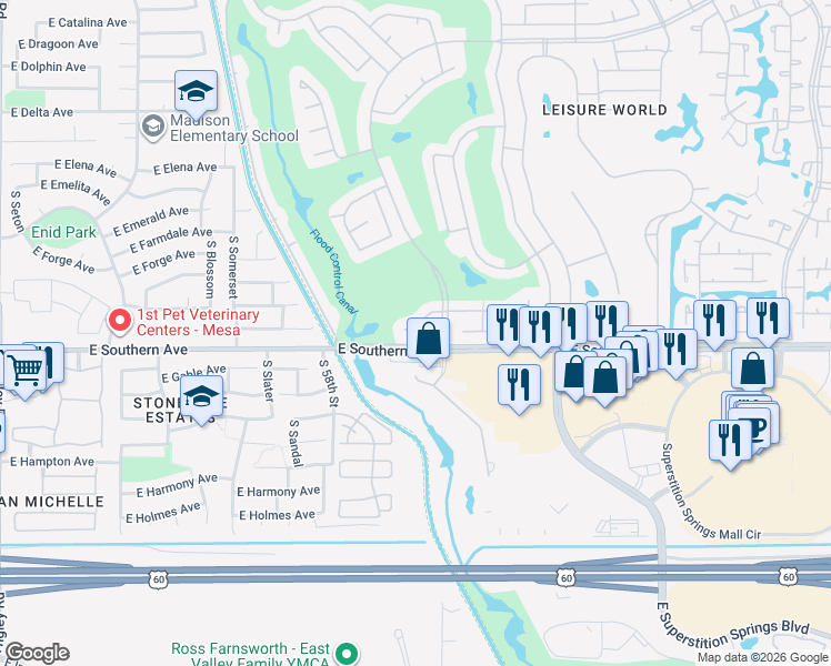 map of restaurants, bars, coffee shops, grocery stores, and more near 2329 Leisure World in Mesa