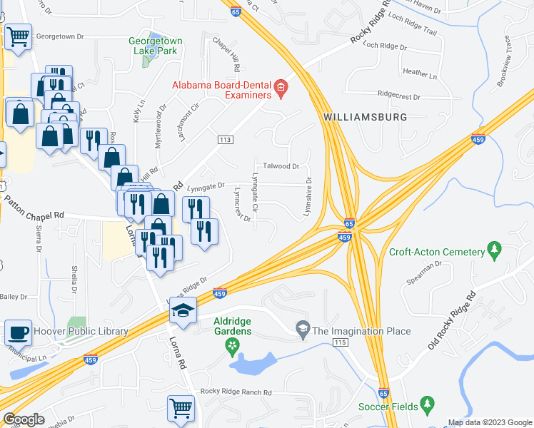 map of restaurants, bars, coffee shops, grocery stores, and more near 2204 Lynncrest Lane in Birmingham