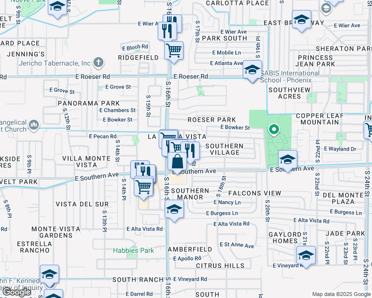 map of restaurants, bars, coffee shops, grocery stores, and more near 5633 South 16th Place in Phoenix