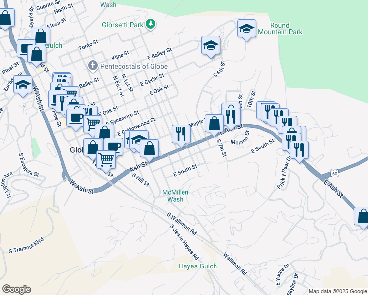 map of restaurants, bars, coffee shops, grocery stores, and more near 905 East Ash Street in Globe