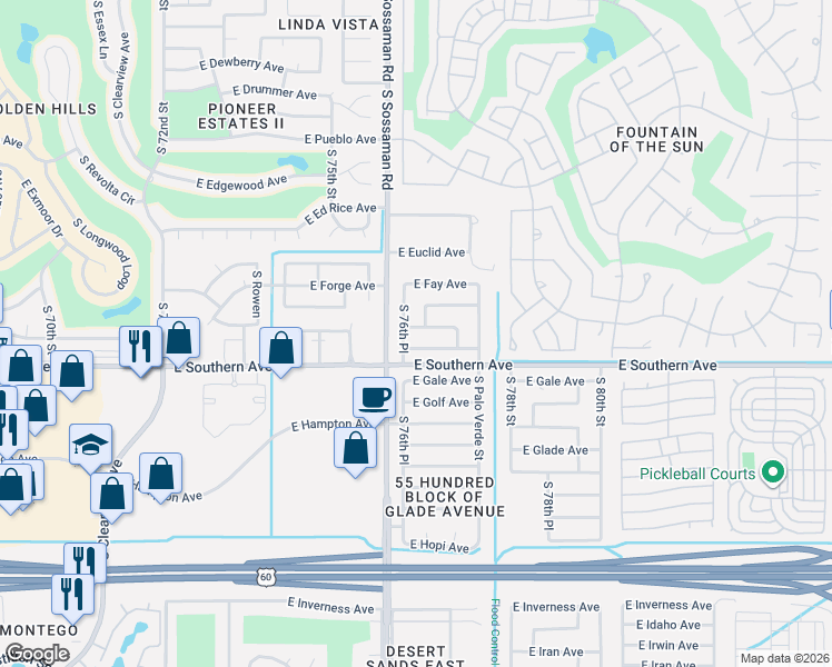 map of restaurants, bars, coffee shops, grocery stores, and more near 7635 East Frito Avenue in Mesa