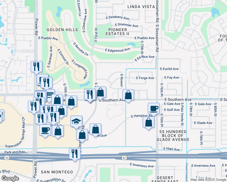 map of restaurants, bars, coffee shops, grocery stores, and more near 7327 East Flower Avenue in Mesa