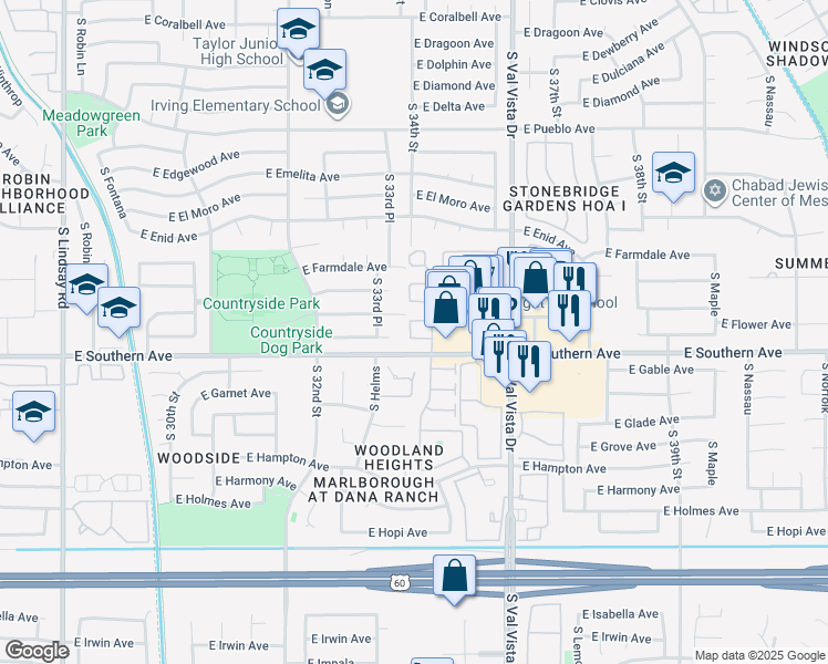 map of restaurants, bars, coffee shops, grocery stores, and more near 1212 East Val Vista Greens in Mesa