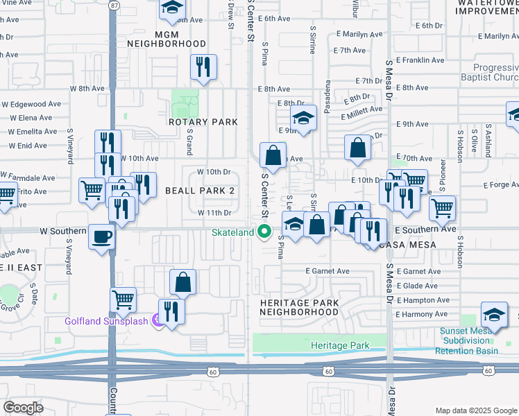map of restaurants, bars, coffee shops, grocery stores, and more near 1124 South Center Street in Mesa