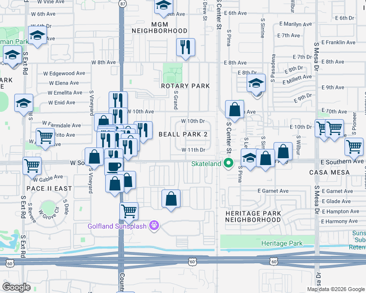 map of restaurants, bars, coffee shops, grocery stores, and more near 74 West 11th Drive in Mesa