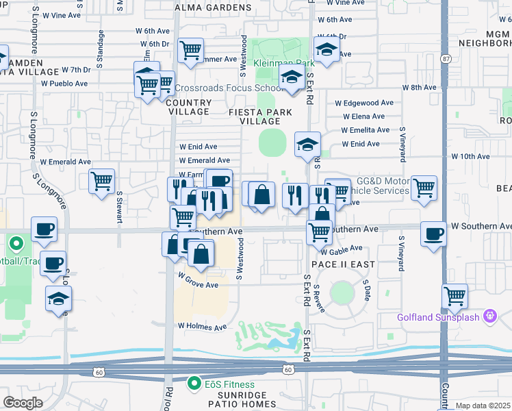 map of restaurants, bars, coffee shops, grocery stores, and more near 960 West Southern Avenue in Mesa