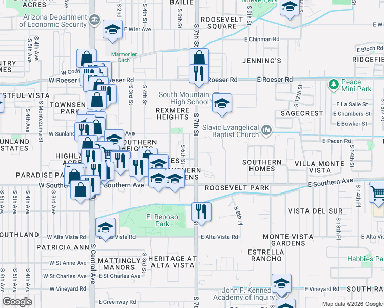 map of restaurants, bars, coffee shops, grocery stores, and more near 5644 South 7th Street in Phoenix