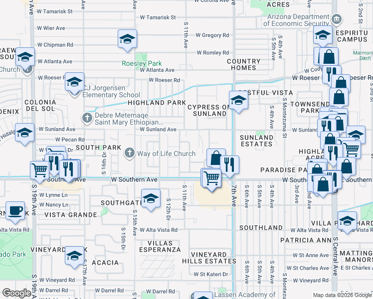 map of restaurants, bars, coffee shops, grocery stores, and more near 5634 South 10th Drive in Phoenix