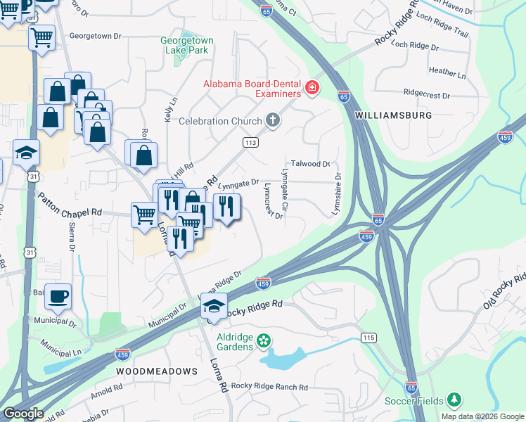 map of restaurants, bars, coffee shops, grocery stores, and more near 3515 Lynncrest Dr in Birmingham