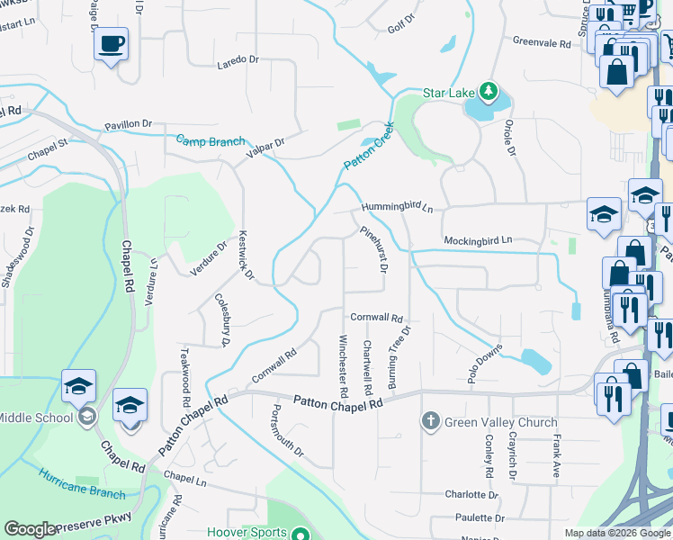 map of restaurants, bars, coffee shops, grocery stores, and more near 3212 Winchester Road in Birmingham