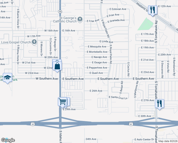 map of restaurants, bars, coffee shops, grocery stores, and more near 458 East Quail Avenue in Apache Junction