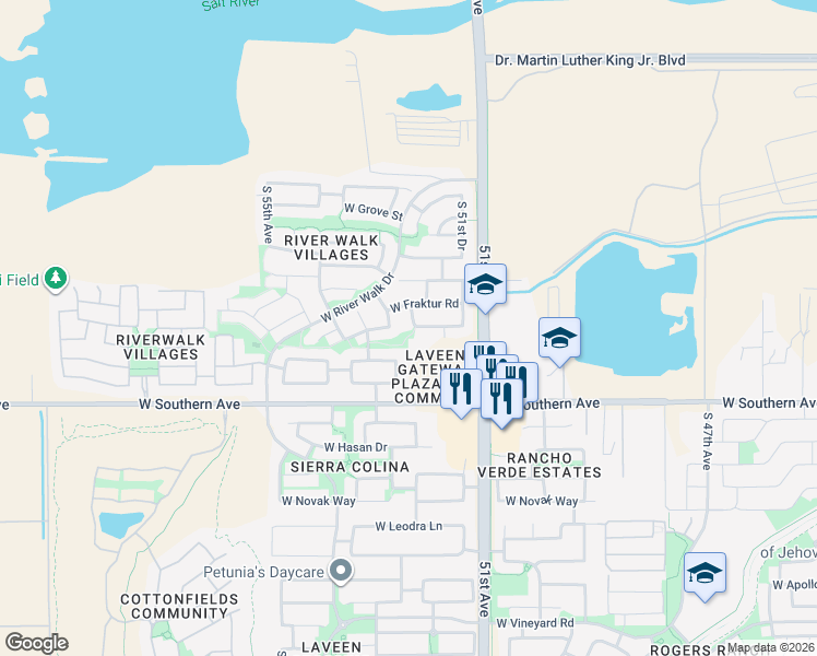 map of restaurants, bars, coffee shops, grocery stores, and more near 5638 South 52nd Drive in Phoenix