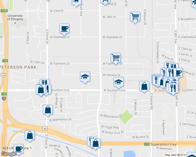 map of restaurants, bars, coffee shops, grocery stores, and more near 1005 West Geneva Drive in Tempe