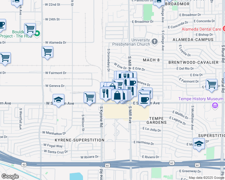 map of restaurants, bars, coffee shops, grocery stores, and more near 242 West Southern Avenue in Tempe