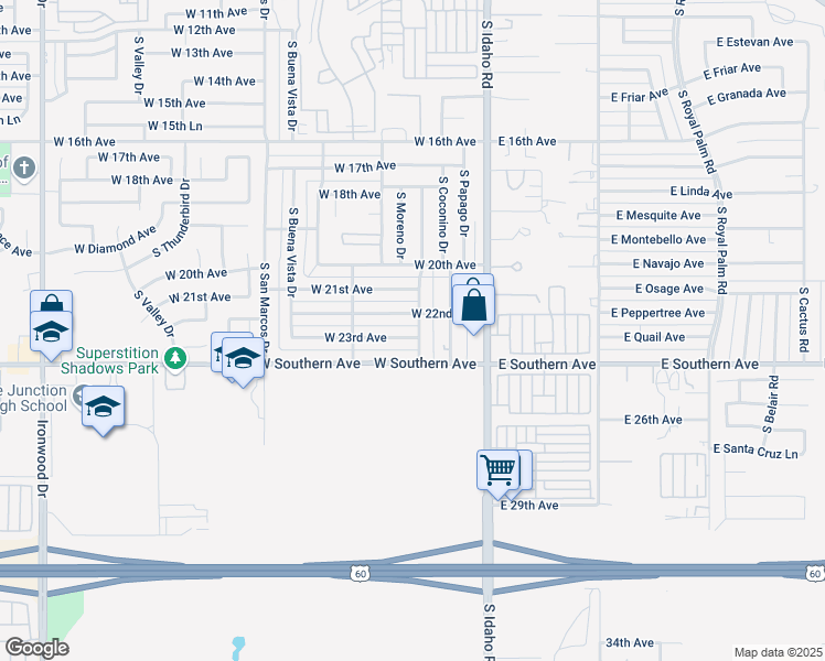map of restaurants, bars, coffee shops, grocery stores, and more near 2270 South Apache Drive in Apache Junction