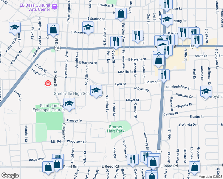map of restaurants, bars, coffee shops, grocery stores, and more near 913 Cedar Street in Greenville