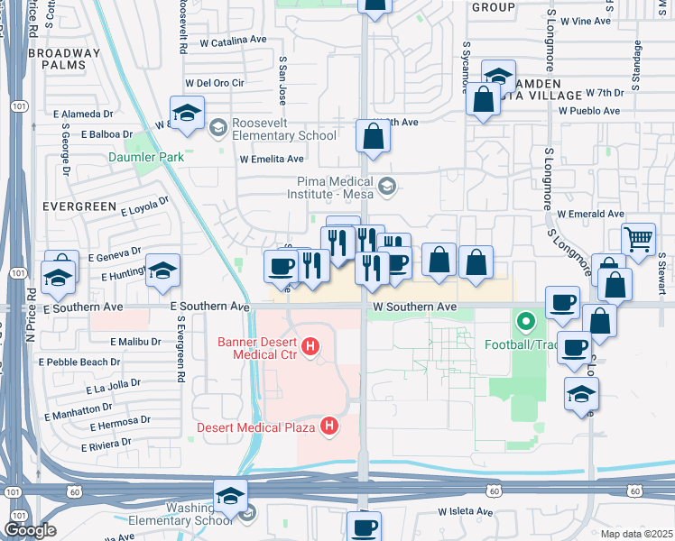 map of restaurants, bars, coffee shops, grocery stores, and more near 1116 South Dobson Road in Mesa
