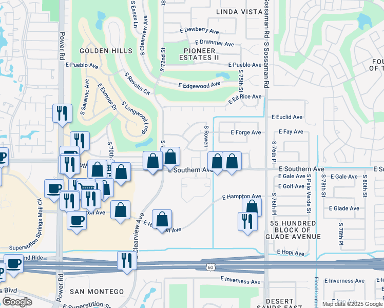 map of restaurants, bars, coffee shops, grocery stores, and more near 7327 East Flower Avenue in Mesa