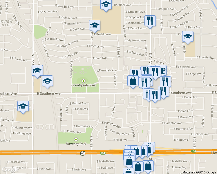 map of restaurants, bars, coffee shops, grocery stores, and more near 3310 East Flossmoor Avenue in Mesa