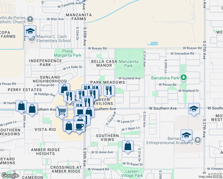 map of restaurants, bars, coffee shops, grocery stores, and more near 3317 West Wayland Drive in Phoenix