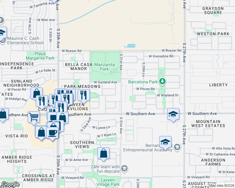map of restaurants, bars, coffee shops, grocery stores, and more near 5719 South 31st Drive in Phoenix