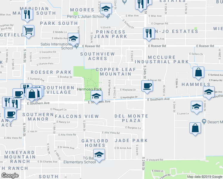 map of restaurants, bars, coffee shops, grocery stores, and more near 5717 South 21st Terrace in Phoenix