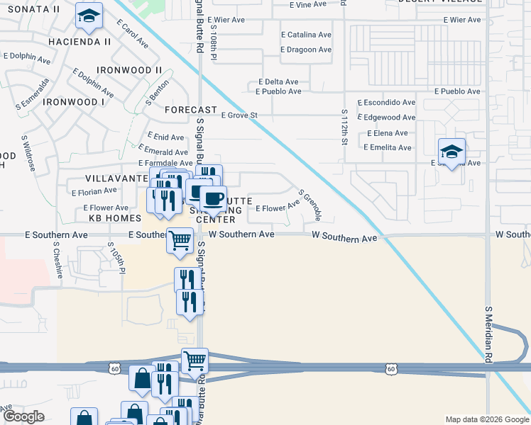 map of restaurants, bars, coffee shops, grocery stores, and more near 10955 East Flower Avenue in Mesa