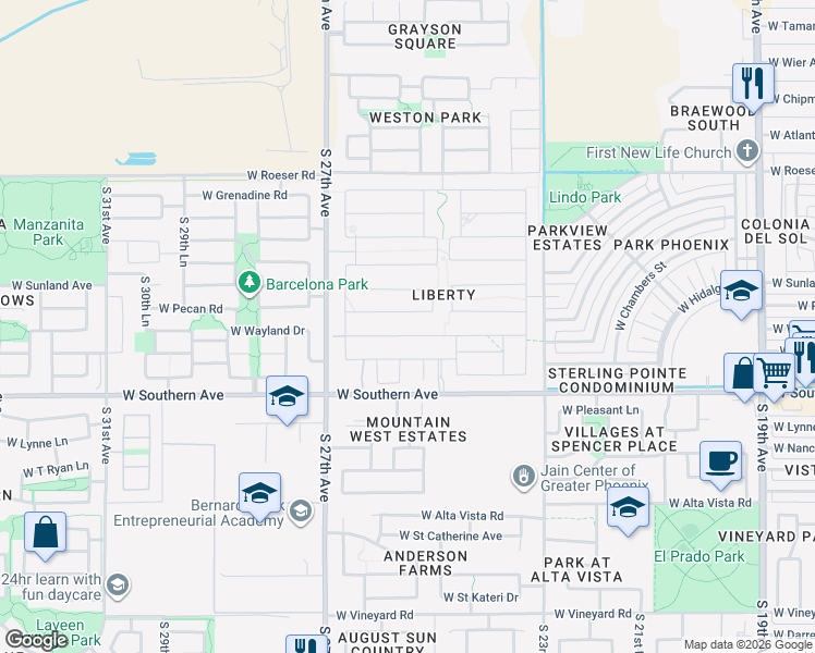 map of restaurants, bars, coffee shops, grocery stores, and more near 2531 West Pecan Road in Phoenix