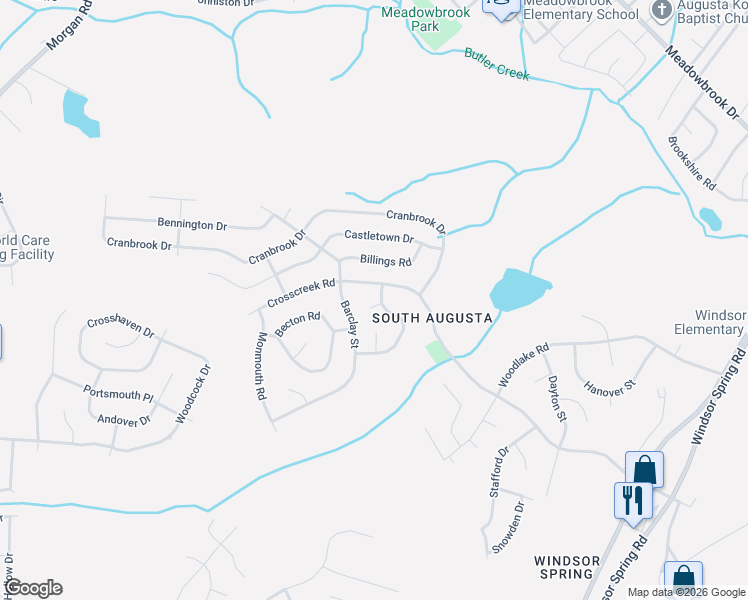 map of restaurants, bars, coffee shops, grocery stores, and more near 2601 Edmonton Court in Hephzibah