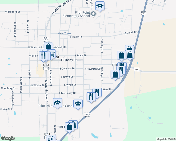 map of restaurants, bars, coffee shops, grocery stores, and more near 515 East Division Street in Pilot Point