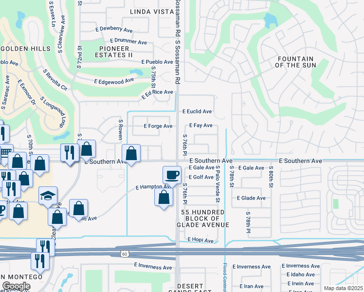 map of restaurants, bars, coffee shops, grocery stores, and more near 1126 South 76th Place in Mesa