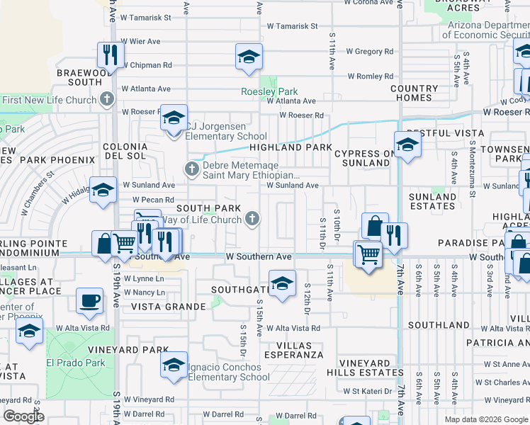 map of restaurants, bars, coffee shops, grocery stores, and more near 5635 South 15th Avenue in Phoenix