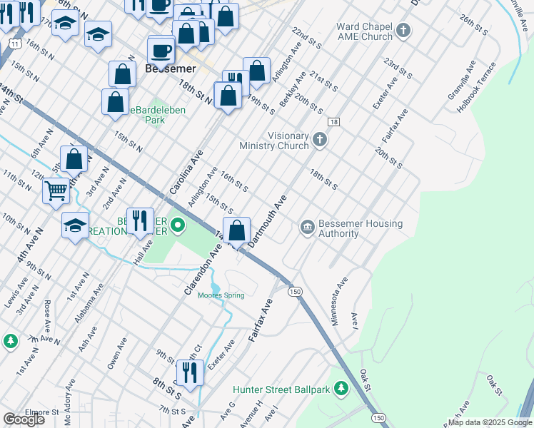 map of restaurants, bars, coffee shops, grocery stores, and more near 1522 Dartmouth Avenue in Bessemer
