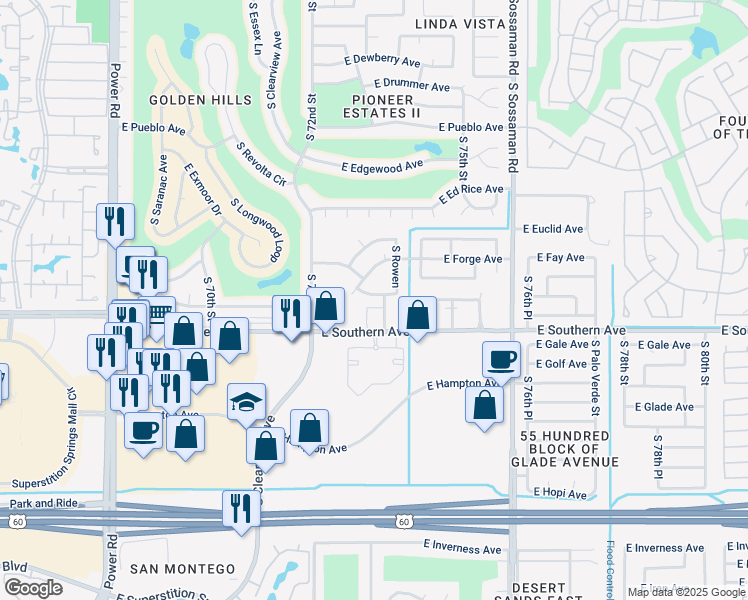 map of restaurants, bars, coffee shops, grocery stores, and more near 7327 East Flower Avenue in Mesa