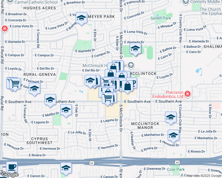 map of restaurants, bars, coffee shops, grocery stores, and more near 3210 South McClintock Drive in Tempe