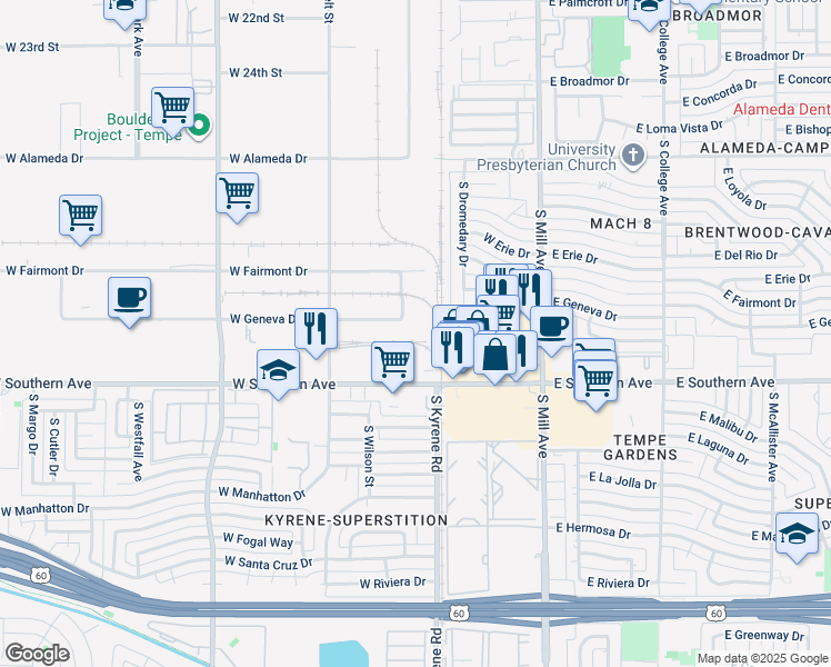 map of restaurants, bars, coffee shops, grocery stores, and more near 3207 South Wilson Street in Tempe