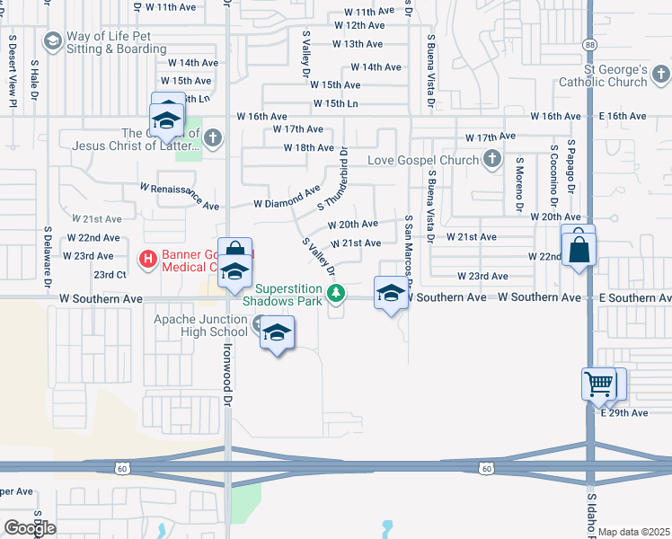 map of restaurants, bars, coffee shops, grocery stores, and more near 1123 West 22nd Avenue in Apache Junction
