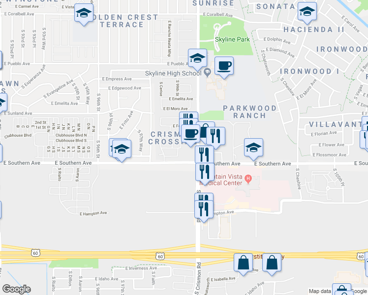 map of restaurants, bars, coffee shops, grocery stores, and more near 1135 South Amandes in Mesa