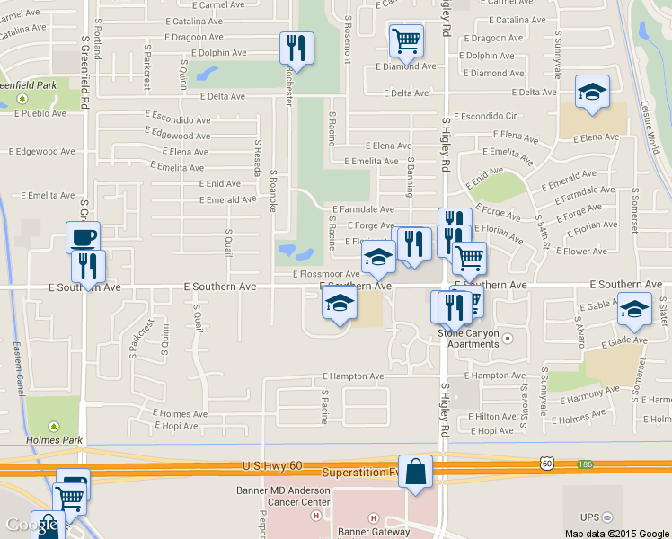 map of restaurants, bars, coffee shops, grocery stores, and more near 4938 East Flossmoor Avenue in Mesa