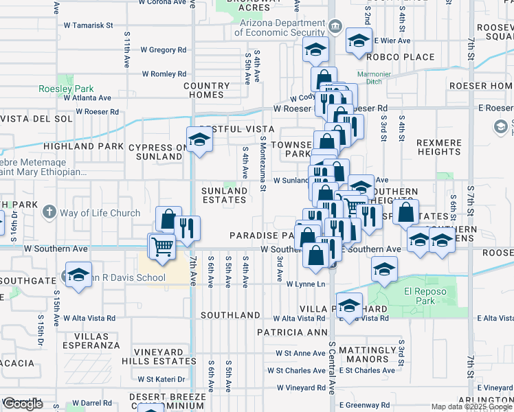 map of restaurants, bars, coffee shops, grocery stores, and more near 319 West Sunland Avenue in Phoenix