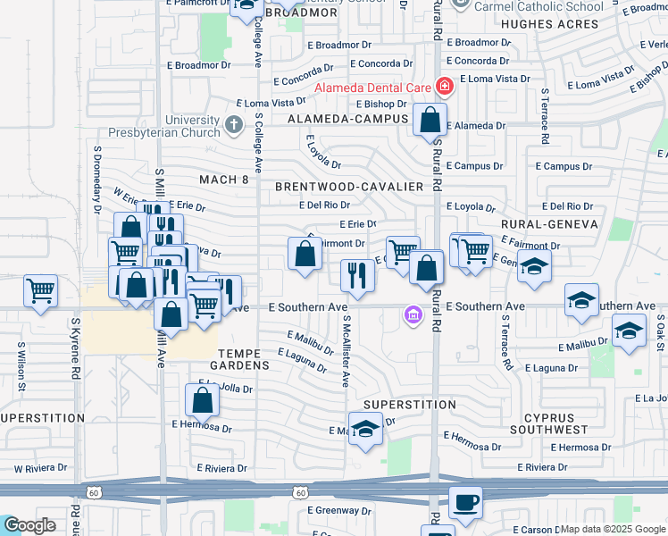 map of restaurants, bars, coffee shops, grocery stores, and more near 503 East Geneva Drive in Tempe